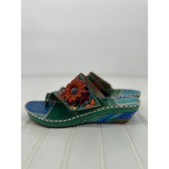 Spring Step L'ARTISTE Vardi Colorful Floral Sandals Slides Leather Wedge Size 39 - Picture 5 of 9